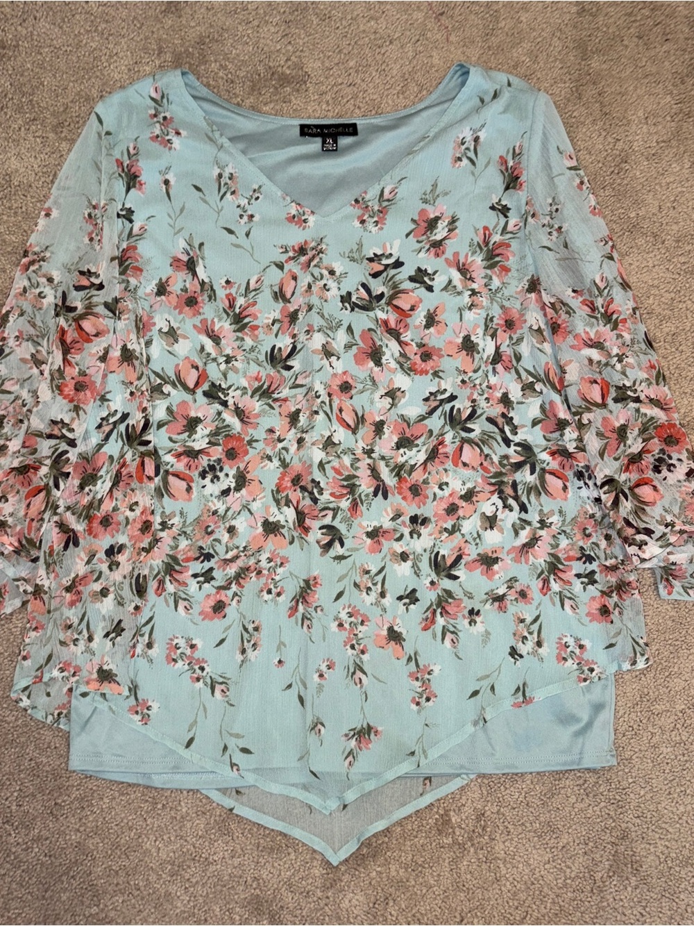 Sara Michelle Blue Floral Layered V-Neck Blouse Size: XL